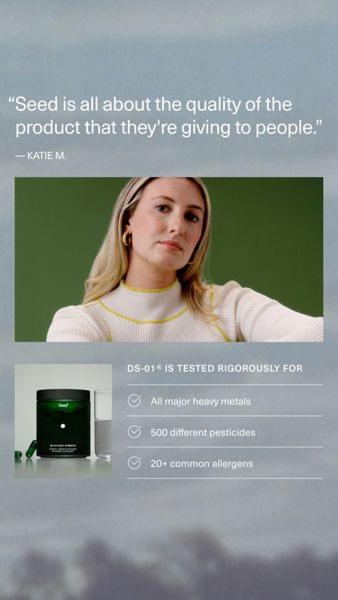 A vertical-format ad using a customer quote for social proof alongside a checklist of rigorous product testing standards for a probiotic supplement.